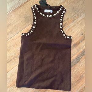 Chic Brown Tank Top with Pearl Accents